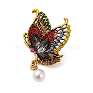 Butterfly Alloy Rhinestone Brooches, with Imitation Pearl Beads, Antique Golden, Siam, 60~62.5x38.5~39mm(JEWB-I034-35AG-01)