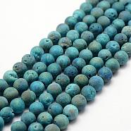 Electroplated Natural Quartz Crystal Beads Strands, Druzy Geode Crystal, Round, Dark Turquoise, 8mm, Hole: 1mm, about 50pcs/strand, 15.3 inch(39cm)(G-K174-01B)