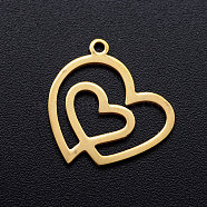 201 Stainless Steel Filigree Charms, Heart with Heart, Golden, 14x15x1mm, Hole: 1.2mm(STAS-T046-JN251-2)