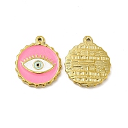 Vacuum Plating 201 Stainless Steel Enamel Pendants, Real 18K Gold Plated, Flat Round with Evil Eye Charm, Pearl Pink, 23.5x20x2.5mm, Hole: 1.2mm(STAS-J401-VC838)