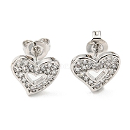 Clear Cubic Zirconia Heart Stud Earrings, Rack Plating Brass Earrings, Lead Free & Cadmium Free, Platinum, 9x10mm(EJEW-F321-02P)