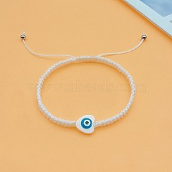 Heart Evil Eye Shell Bead Braided Bead Bracelets, Adjustable Polyester Cord Bracelets for Women, White, Heart: 3/8 inch(1cm)(PK6990-1)