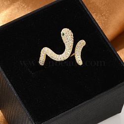 Brass Micro Pave Clear Cubic Zirconia Cuff Rings for Women, Snake, Enamel Style, Real 18K Gold Plated, Inner Diameter: 17.5mm(RJEW-P132-02G)