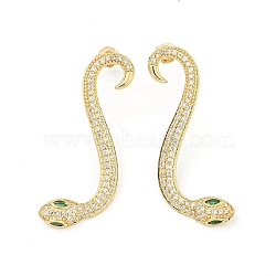 Snake Real 18K Gold Plated Brass Stud Earrings, with Cubic Zirconia, Green, 37x14mm(EJEW-L269-085G)