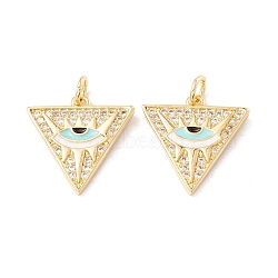 Brass Micro Pave Cubic Zirconia Pendants, with Jump Rings and Enamel, Cadmium Free & Lead Free, Real 18K Gold Plated, Long-Lasting Plated, Triangle with Eye, White, 17x17x2mm, Hole: 3mm(ZIRC-P098-05G-03)