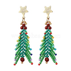 Christmas Tree Natural Red Jasper & Glass Seed Beads Dangle Stud Earrings for Women, Green, 60x21mm(EJEW-MZ00157)