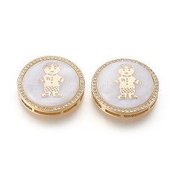 Brass Rhinestone Slide Charms, with Shell, Flat Round with Boy, Golden, 24x6mm, Hole: 1.5x10mm(KK-F767-07G)