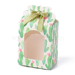 Rectangle Foldable Creative Paper Gift Box, Cactus Pattern with Clear Window and Ribbon, Light Green, 6.8x9.8x15cm(CON-O005-03)