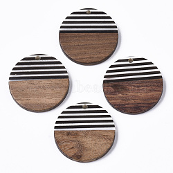 Resin & Walnut Wood Pendants, Opaque. Waxed. Flat Round, Black, 28.5x3.5mm, Hole: 2mm(RESI-T035-11)