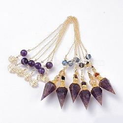 Resin Hexagonal Pointed Dowsing Pendulums(Brass Finding and Gemstone Inside), with Brass Chain, Chakra, Faceted, Cone, Golden, 360mm(G-L521-A12)