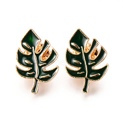 Alloy Enamel Brooches, Enamel Pin, with Brass Butterfly Clutches, Leaf, Light Gold, Cadmium Free & Nickel Free & Lead Free, Dark Green, 25x17x2mm, Pin: 1mm(JEWB-N006-039-NR)