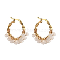 201 Stainless Steel Hoop Earrings, Hypoallergenic Earrings, with Natural Rainbow Moonstone Beads, Twisted Ring Shape, Golden, 30x24mm, Pin: 1.3x0.7mm(X-EJEW-JE04223-01)
