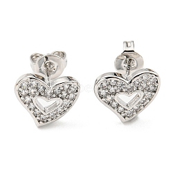 Clear Cubic Zirconia Heart Stud Earrings, Rack Plating Brass Earrings, Lead Free & Cadmium Free, Platinum, 9x10mm(EJEW-F321-02P)