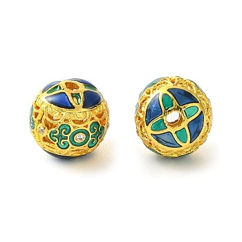 Rack Plating Brass Enamel Beads, Long-Lasting Plated, Lead Free & Cadmium Free, Round with Flower, Real 18K Gold Plated, 10x9.5mm, Hole: 1.6mm