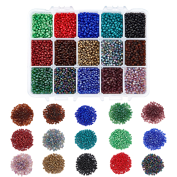 300g 15 Colors Glass Seed Beads, Mixed Style, Small Craft Beads for DIY Jewelry Making, Round, Mixed Color, 3mm, Hole: 1mm, 20g/color