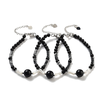 Natural Obsidian Round & Synthetic Non-magnetic Hematite & White Shell Beaded Bracelets for Women, 7-1/4 inch(18.5cm)