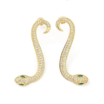 Snake Real 18K Gold Plated Brass Stud Earrings, with Cubic Zirconia, Green, 37x14mm