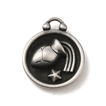 304 Stainless Steel Pendants, Flat Round with Constellations Charm, Antique Silver, Aquarius, 20.5x17x3mm, Hole: 2.5x2mm