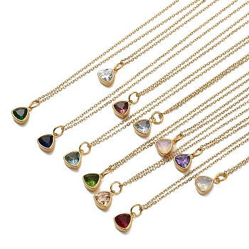 Triangle Cubic Zirconia Pendant Necklaces, Ion Plating(IP) 304 Stainless Steel Cable Chain Necklace for Women, Golden, Mixed Color, 17.91 inch(45.5cm)