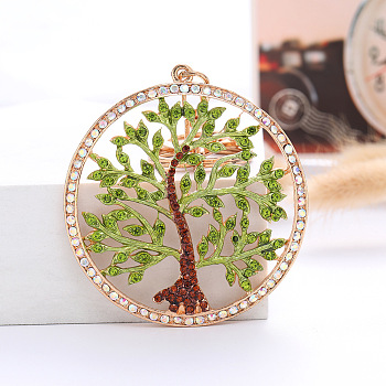 Rhinestone Flat Round with Tree of Life Pendant Keychain, with Alloy Findings, Emerald, 6.7x6.7cm