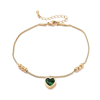 Glass Heart Charm Bracelet with Box Chains, Golden 304 Stainless Steel Jewelry for Women, Dark Green, 8-5/8 inch(22cm)