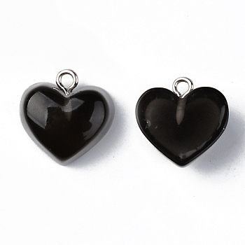 Transparent Resin Pendants, with Platinum Tone Iron Loop, Heart, Black, 16.5x17x9.5mm, Hole: 1.8mm