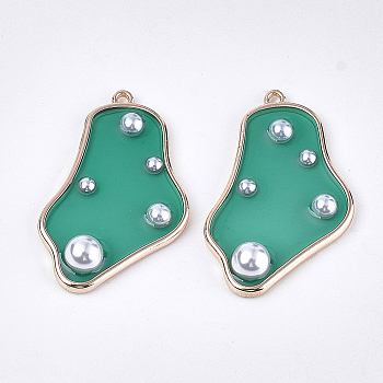 Alloy Pendants, with ABS Plastic Imitation Pearl and Epoxy Resin, Light Gold, Dark Cyan, 37x24x6mm, Hole: 1.6mm