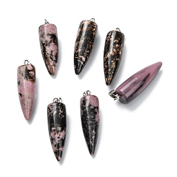 Natural Rhodonite Pendants, with Platinum Brass Findings, Bullet, 32~35x10~11mm, Hole: 7X3mm