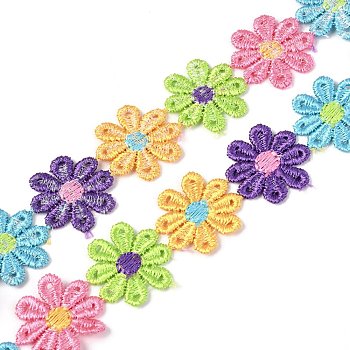 Daisy Flower Polyester Lace Trims, Embroidered Applique Sewing Ribbon, for Sewing and Art Craft Decoration, Colorful, 1 inch(25mm), 15 yards/roll(13.72m/roll)