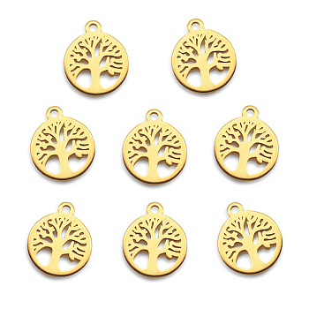Vacuum Plating 304 Stainless Steel Charms, Laser Cut, Flat Round with Tree, Golden, 12x10x1mm, Hole: 1.2mm
