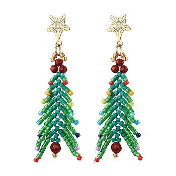 Christmas Tree Natural Red Jasper & Glass Seed Beads Dangle Stud Earrings for Women, Green, 60x21mm