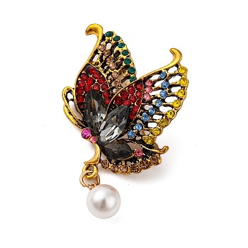 Butterfly Alloy Rhinestone Brooches, with Imitation Pearl Beads, Antique Golden, Siam, 60~62.5x38.5~39mm