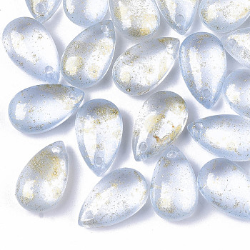 Transparent Spray Painted Glass Charms, with Glitter Powder, Frosted, Teardrop, Light Cyan, 14.5x8.5x5.5mm, Hole: 1mm