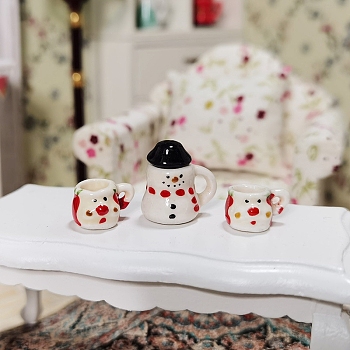 Christmas Snowman Mini Ceramic Tea Sets, including Teacup, Teapot, Miniature Ornaments, Micro Landscape Garden Dollhouse Accessories, Pretending Prop Decorations, White, 8~17x8~17mm, 3pcs/set