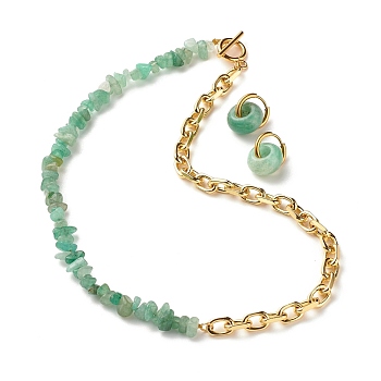 Natural Green Aventurine Chip Beads Jewelry Set, Gemstone Beaded Necklace and Drop Huggie Hoop Earrings for Women, Light Gold, 16.73 inch(42.5cm), 20mm, Pin: 1mm