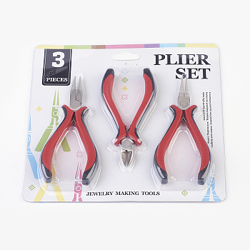 DIY Jewelry Tool Sets, Ferronickel Side Cutting Pliers, Chain Nose Pliers and Round Nose Pliers, Red, 115~130x55~60mm