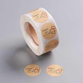 DIY Scrapbook, Decorative Adhesive Tapes, Flat Round with Word Baked with Love, BurlyWood, 25mm, about 500pcs/roll