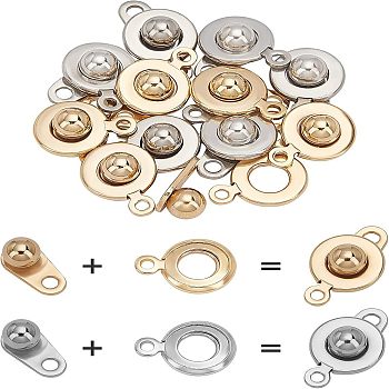 304 Stainless Steel Snap Clasps, Flat Round, Golden & Stainless Steel Color, 15x9x5mm, Hole: 1.5mm and 2mm, 2 colors, 6pcs/color, 12pcs/box