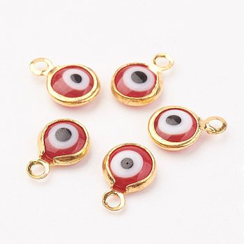 Lampwork Charms, with Brass Findings, Flat Round/Eye, Golden, FireBrick, 9.5~10x6.5x2.5mm, Hole: 1.5mm
