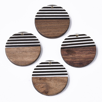 Resin & Walnut Wood Pendants, Opaque. Waxed. Flat Round, Black, 28.5x3.5mm, Hole: 2mm