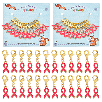 12Pcs Alloy Enamel Breast Cancer Awareness Ribbon Charm Locking Stitch Markers, Golden Tone Zinc Alloy Lobster Claw Clasp Locking Stitch Marker, Deep Pink, 3.3cm