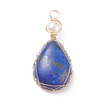 Natural Lapis Lazuli Copper Wire Wrapped Pendants, with Grade A Natural Cultured Freshwater Pearl, Real 18K Gold Plated, Teardrop, 38~43x19~19.5x8~8.5mm, Hole: 3.5~3.8mm