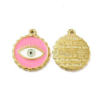 Vacuum Plating 201 Stainless Steel Enamel Pendants, Real 18K Gold Plated, Flat Round with Evil Eye Charm, Pearl Pink, 23.5x20x2.5mm, Hole: 1.2mm