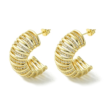 Brass with Cubic Zirconia Half Round Stud Earrings, Half Hoop Earrings, Real 16K Gold Plated, 29.5x14mm