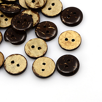 Coconut Buttons, 2-Hole, Flat Round, Coconut Brown, 13x3mm, Hole: 2mm