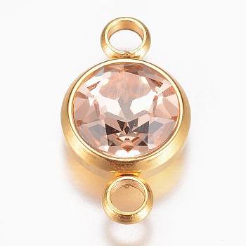 Glass Links connectors, Faceted, with 304 Stainless Steel Findings, Flat Round, Golden, Light Peach, 17.5x10x6.5mm, Hole: 2.5mm