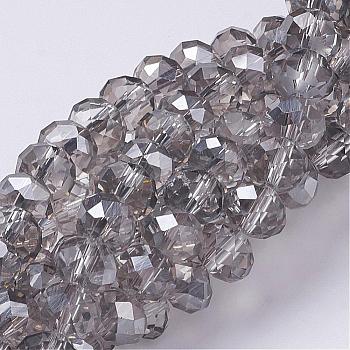 Electroplate Glass Beads Strands, Half Silver Plated, Faceted, Rondelle, Clear, 8x6mm, Hole: 1mm, about 68~70pcs/strand