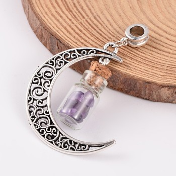 Moon Antique Silver Alloy European Dangle Charms, with Amethyst Glass Wishing Bottles, 57x28x10mm, Hole: 4.5mm