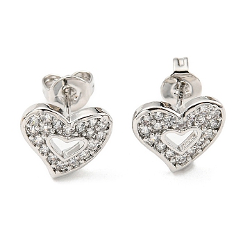 Clear Cubic Zirconia Heart Stud Earrings, Rack Plating Brass Earrings, Lead Free & Cadmium Free, Platinum, 9x10mm