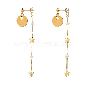 304 Stainless Steel Dangle Stud Earrings, with CCB Plastic Imitation Pearl, Brass Ear Nuts and Curb Chains, Flat Round, Golden, 67mm, Pin: 0.7mm(X-EJEW-JE04246-02)